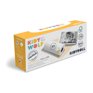 Paper roll refills for the Kidyprint kids printer, Kidywolf Kidyroll 5 Sticker Paper Rolls for Kidyprint, keeps little photographers printing, ages 3 plus