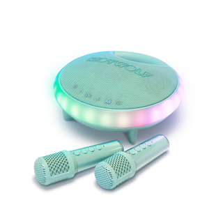 Kidywolf Kidykaraoke portable karaoke speaker with 2 wireless microphones, voice effects, LED lights and USB-C rechargeable battery, designed in Belgium