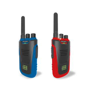 Kidywolf Kidytalk long range walkie talkies in blue and red with 6km range, backlit screen, built-in flashlight and USB-C rechargeable battery

