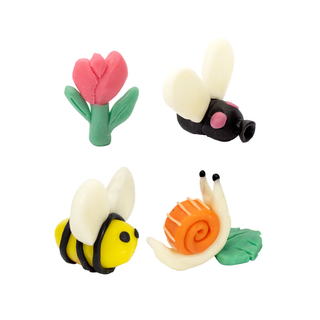 Garden creatures sculpted with Loolipo Patacire bulk clay including pink tulip, bumble bee, fly and spiral-shell snail, plant-based non-drying modelling clay ideal for classroom projects