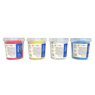 Loolipo Pataqua 4 play dough pots at 130g each in red, yellow, white and blue, plant-based non-toxic primary colours made in France ready for first sculpting and shape-making