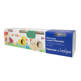 Plant-based play dough for toddlers 4 pots in primary colours 520g, Loolipo Pataqua non-toxic first play dough set with farm animal theme, early learning gift from age 2, made in France