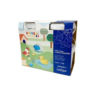 Large play dough set for kids 4 pots in primary colours 2kg total, Loolipo Pataqua Maxi Pots plant-based non-toxic bulk format for classrooms and groups, shared activity gift from age 2, made in France