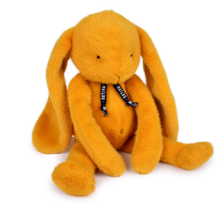 Grande peluche lapin bio pour bébés 56 cm, couleur jaune safran, Maïlou Tradition Méloé Certifiée GOTS, fabriquée à la main en France, cadeau de baptême traditionnel dès la naissance