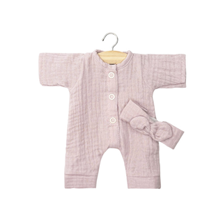Doll romper for 28cm Babies in lightweight orchid pink cotton gauze with headband, Minikane Lili summer outfit, breathable doll dressing gift for ages 3 plus, handmade in France