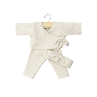Doll wrap outfit for 28cm Babies in rib knit linen with headband, Minikane Roxane three-piece set in neutral tones, doll dressing gift for children aged 3 plus, handmade in France