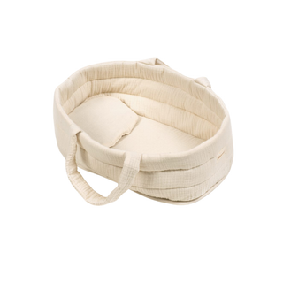 Doll moses basket with pillow in putty cotton gauze for 28-34cm dolls, Minikane natural woven cradle, nurturing bedtime play accessory for children aged 3 plus, handmade in France