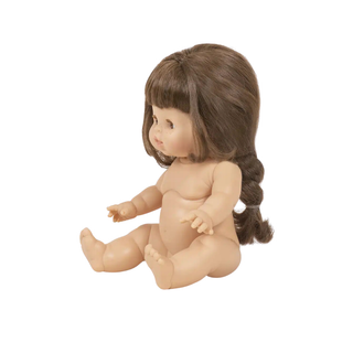 Minikane Gordis Valentine 34cm doll side view showing detailed braided hair, soft body French-made doll with sleeping eyes, lifelike companion encouraging caring and imaginative play