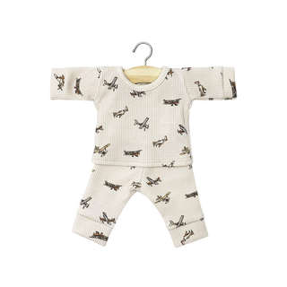 Doll pyjamas for 34cm Gordis in beige rib knit with aeroplane print, Minikane Morgan bedtime two-piece set, cosy doll sleepwear gift for children aged 3 plus, handmade in France