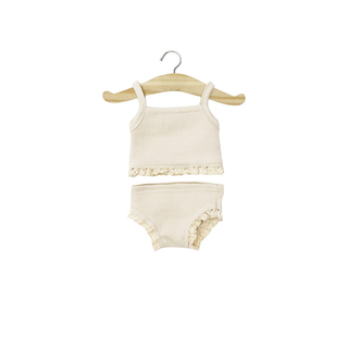Ensemble de sous-vêtements pour poupée Gordis de 34 cm, en coton côtelé couleur mastic, avec bralette et culotte à bordure en dentelle, sous-vêtements deux pièces Minikane, indispensable pour habiller les poupées à partir de 3 ans, fabriqué à la main en France.