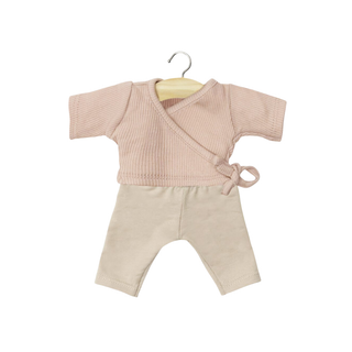 Doll wrap outfit for 34cm Gordis in petal pink cotton with linen leggings, Minikane Roxane natural fabric two-piece set, timeless doll dressing gift for ages 3 plus, handmade in France