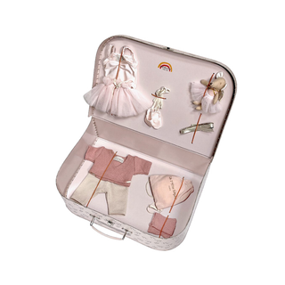 Doll outfit suitcase set for 34cm Gordis with ballet tutu, headband and vintage cardboard case, Minikane Petite Étoile pink tulle gift set, nurturing play for children aged 3 plus, handmade in France