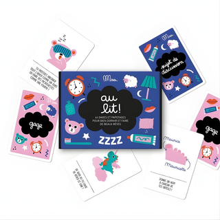 Bedtime conversation cards open showing gentle wind-down prompts in French, Minus Éditions Au Lit calming set for peaceful French-language connection before sleep for francophone kids