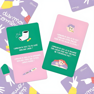 Carte da gioco con domande sui numeri, con le domande "quanti" scritte in francese; attività di scoperta per famiglie "Dis-moi Combien" di Minus Éditions; vocabolario francese e nozioni di matematica per bambini francofoni