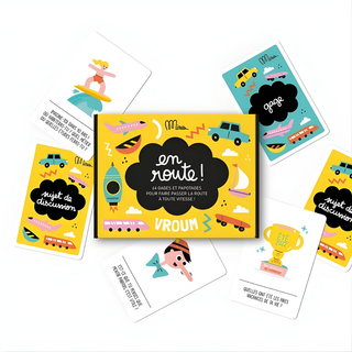 Travel conversation cards open showing journey prompts in French, Minus Éditions En Route screen-free activity keeping bilingual and francophone children entertained on long drives and flights