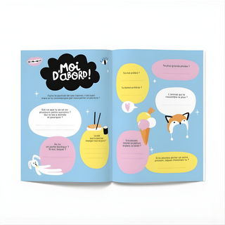 Best friends fill-in journal open showing friendship quizzes in French, Minus Éditions Gang de Filles BFF keepsake, gift for francophone girls and international school friends