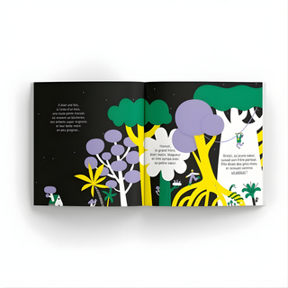 Hansel et Gretel book open showing enchanting forest and gingerbread house illustrations, Minus Éditions French storytelling book for francophone children to retell and perform