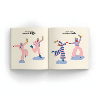 Emperor's New Clothes book open showing character illustrations and fairy tale scenes, Minus Éditions French storytelling book guiding French-speaking children to retell the classic tale