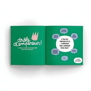 Emperor's New Clothes storytelling book open showing narrative prompts in French, Minus Éditions interactive fairy tale building reading confidence and vocabulary in French-speaking children