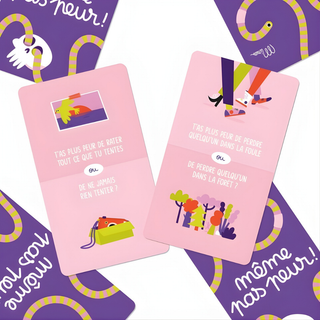 Carte sul benessere emotivo da scoprire, con domande sul coraggio in francese, Minus Éditions Même pas Peur: un'attività familiare delicata, conversazioni in francese all'insegna della consapevolezza per famiglie che crescono i propri figli in francese