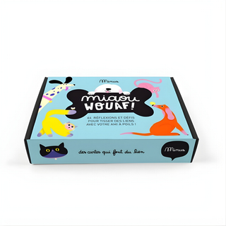 French pet conversation cards with 52 cat and dog discussion prompts, Minus Éditions Miaou Wouaf animal game, gift for pet-loving francophone and bilingual children, ages 4 plus