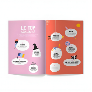 Godparent fill-in journal open showing shared prompts in French, Minus Éditions keepsake celebrating the godparent-godchild bond, baptême and communion gift for families raising children in French