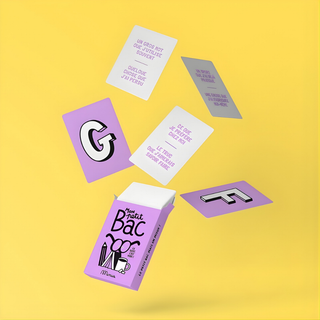 Word game cards open showing personal category challenges in French, Minus Éditions Mon Petit Bac vocabulary game, family game night and French practice for bilingual kids