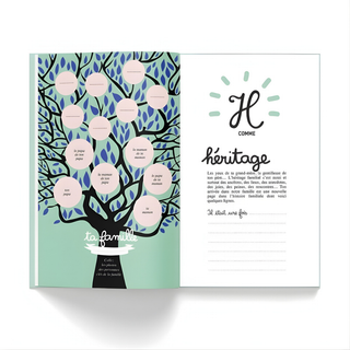 Album souvenir pour bébé, ouvert, présentant des espaces pour photos et des suggestions de moments marquants en français ; Minus Éditions : album souvenir pour nouveau-né, cadeau de naissance et cadeau de baby shower destiné aux familles expatriées et francophones