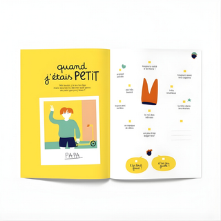 Journal de souvenirs père-fils ouvert, présentant des pages illustrées sur les points communs ; un souvenir de Minus Éditions qui explore ce que partagent un père et son fils ; un cadeau pour une famille francophone