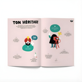 Father-daughter fill-in journal open showing shared question prompts in French, Minus Éditions keepsake strengthening the father-daughter bond, Fête des Pères gift for bilingual and francophone families