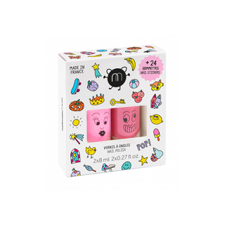 Kids' nail art kit with 2 washable polishes and 24 stickers, Nailmatic Dolly pearly pink and Kitty candy glitter, water-based vegan formula, pamper party gift for girls aged 3 plus