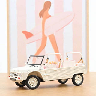 Citroën Méhari revival collector model in white and pink 1:18 scale, Norev 2023 modern edition die-cast, contemporary French design gift for classic car fans, designed in France