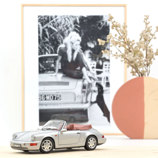 Porsche 911 Carrera 2 Cabriolet collector model in silver 1:18 scale with opening doors, Norev 1990 open-top 964 die-cast, convertible gift for Porsche enthusiasts