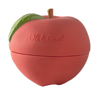 Oli & Carol apple stacking toy fully assembled showing red natural rubber apple shape with green leaf and brown stem detail