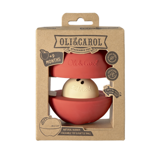 Oli & Carol apple stacking toy and rattle ball in kraft box showing natural rubber, educational and cherry seed rattle badges for 9 months plus