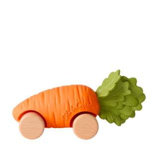 Oli & Carol Cathy the Carrot push-along car with wooden wheels and orange natural rubber body with green leaf detail