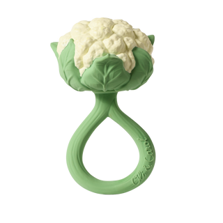 Oli & Carol cauliflower baby rattle in natural Hevea rubber with bumpy white floret head, green leaves and loop grip handle