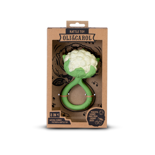 Oli & Carol cauliflower rattle toy in kraft box showing 2-in-1 natural rubber teether and rattle with gentle cherry seed sounds