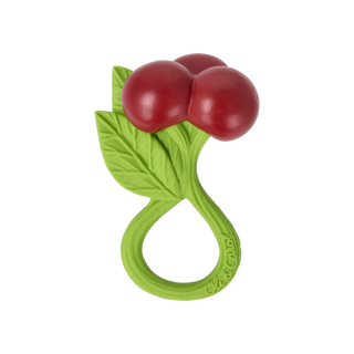 Oli & Carol twin cherry baby rattle and teether in hand-painted natural Hevea rubber with green stem loop handle