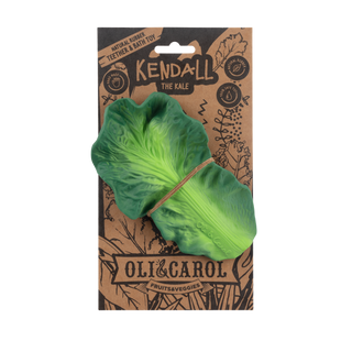 Oli & Carol Kendall the Kale natural rubber teether and bath toy in kraft packaging with handmade and safe toy badges