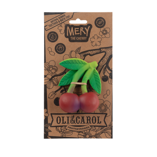 Oli & Carol Mery the Cherry natural rubber teether and bath toy in kraft packaging with handmade and natural rubber badges