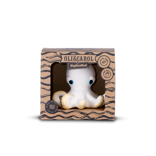 Oli & Carol x BigStuffed Orlando the Octopus bath toy in kraft box showing mould-free, no-hole, natural rubber and handmade badges