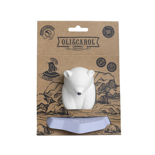 Oli & Carol polar bear bath toy on iceberg in kraft packaging showing mould-free, natural rubber and handmade credentials