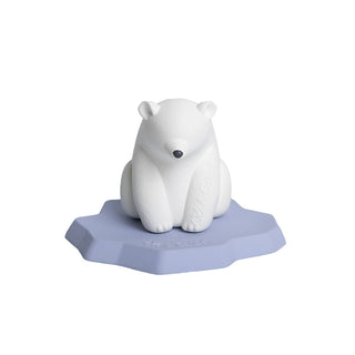 Oli & Carol polar bear sitting on blue iceberg base, natural rubber baby bath toy with hand-painted detail