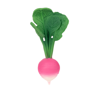 Oli & Carol Ramona the Radish baby teether in hand-painted Hevea rubber with pink root and textured green leaves