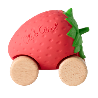 Oli & Carol Sweetie the Strawberry push-along car with wooden wheels and textured natural rubber body in pink and green