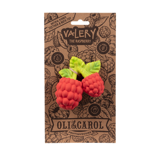 Oli & Carol Valery the Raspberry natural rubber teether and bath toy in kraft packaging with safe toy and handmade credentials
