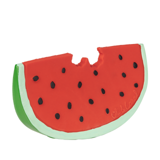 Oli & Carol Wally the Watermelon natural rubber baby teether with hand-painted seeds and bite detail, made from 100% Hevea rubber