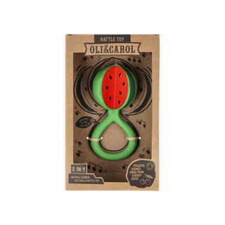 Oli & Carol watermelon rattle toy in eco-friendly kraft box showing 2-in-1 natural rubber teether and rattle design