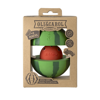 Oli & Carol watermelon stacking toy and rattle ball in kraft box showing natural rubber, educational and cherry seed rattle badges for 9 months plus